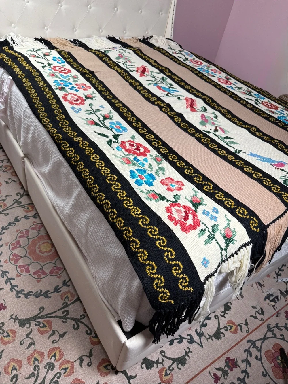 Vtg Hand Embroidered Cross Stitch Bedspread Blanket Floral Bird Cottagecore